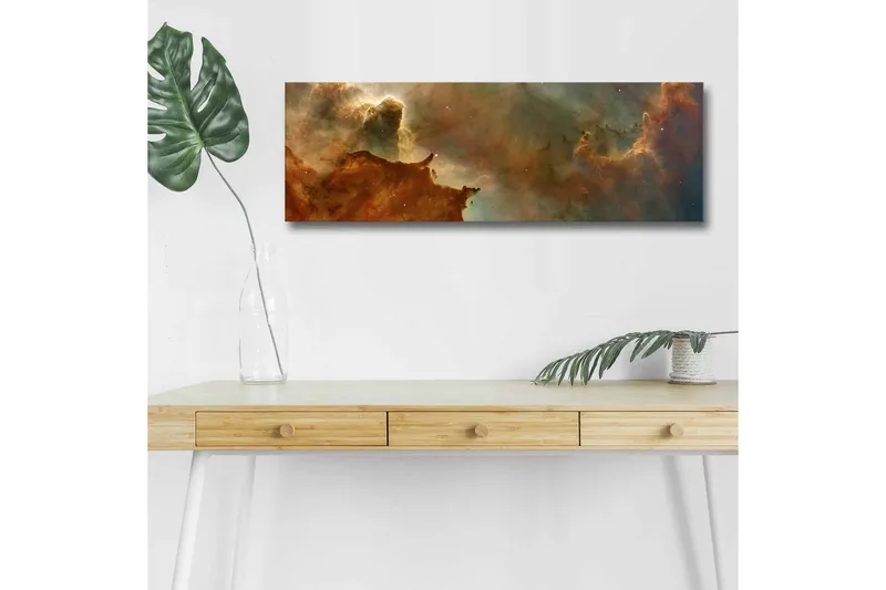Canvastavla med LED-belysning - Abstrakt rymdlandskap med svävande moln och stjärnor - Kopparbrun / Grön / Blå - Inredning - Tavlor & konst - Canvastavlor