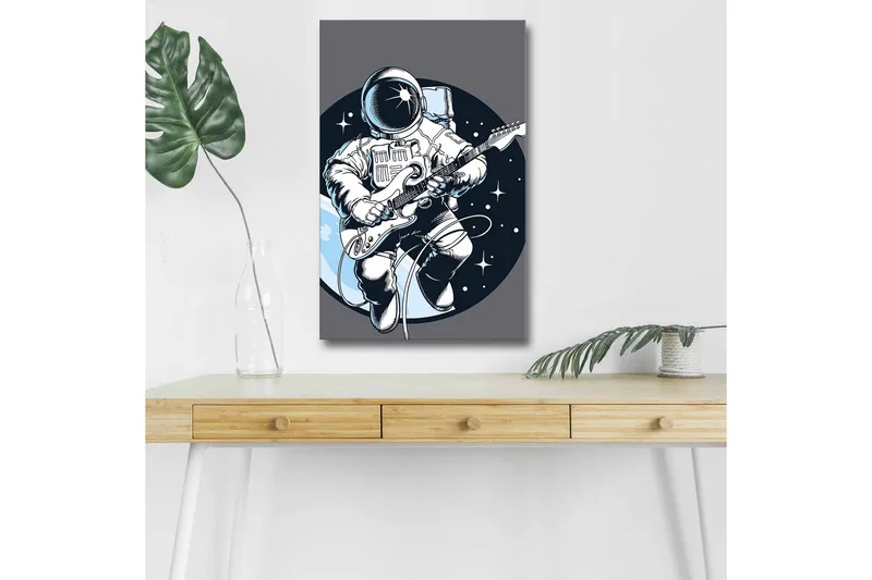 Canvastavla med LED-belysning - Astronaut som spelar gitarr i rymden, Mörkblå / Vit / Grå