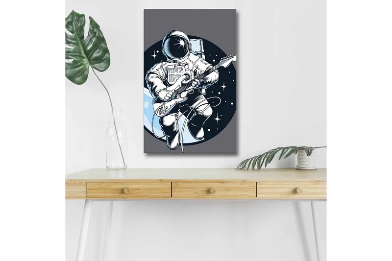 Canvastavla med LED-belysning - Astronaut som spelar gitarr i rymden, Mörkblå / Vit / Grå