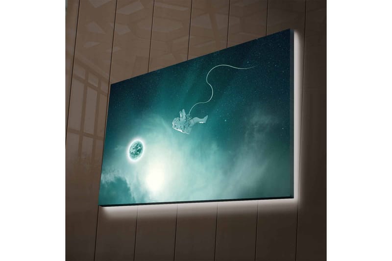 Canvastavla med LED-belysning - Astronaut som svävar i rymden med en planet i bakgrunden - Mörkblå / Grön / Vit - Inredning - Tavlor & konst - Canvastavlor
