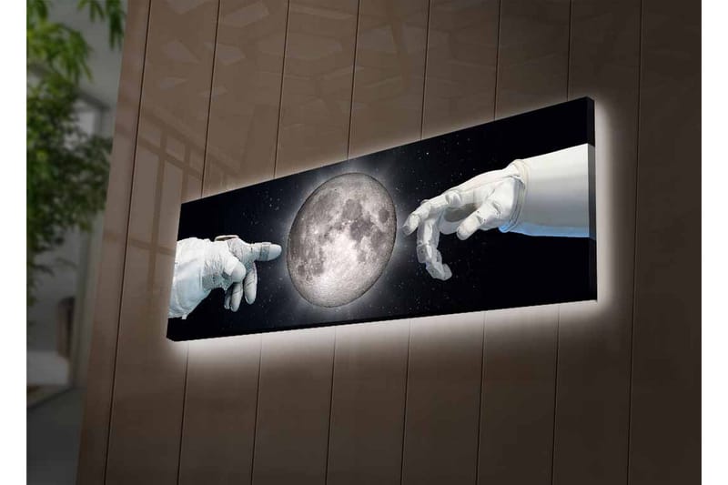 Canvastavla med LED-belysning - Astronauthänder som sträcker sig mot månen - Grå / Svart / Vit - Inredning - Tavlor & konst - Canvastavlor