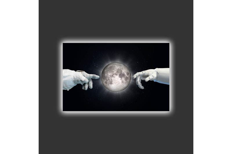 Canvastavla med LED-belysning - Astronauthänder som sträcker sig mot månen - Svart / Vit / Grå - Inredning - Tavlor & konst - Canvastavlor