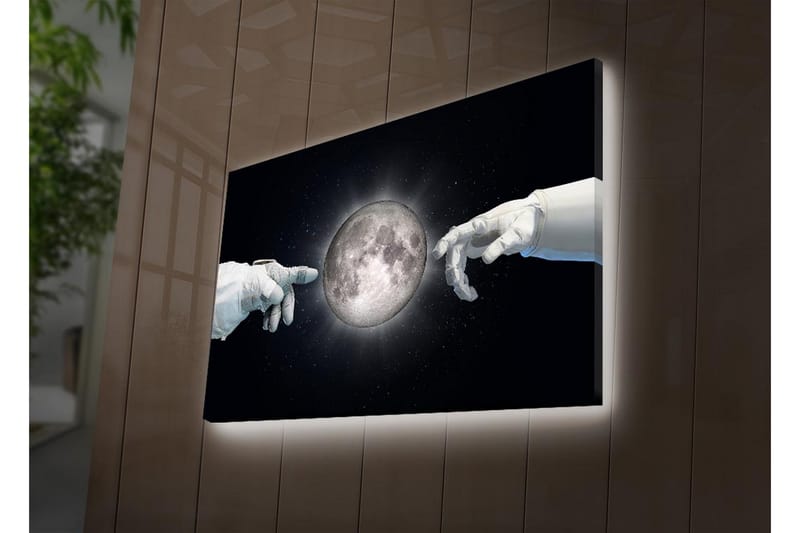 Canvastavla med LED-belysning - Astronauthänder som sträcker sig mot månen - Vit / Svart / Grå - Inredning - Tavlor & konst - Canvastavlor