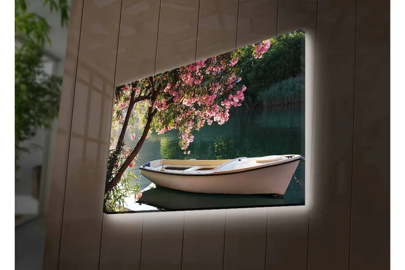 Canvastavla med LED-belysning - Båt vid en blommande trädkant vid vattnet - Rosa / Grön / Vit - Inredning - Tavlor & konst - Canvastavlor