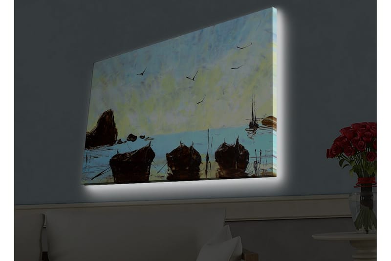 Canvastavla med LED-belysning - Båtar vid en stilla havsstrand under en klar himmel - Blå / Brun / Gul - Inredning - Tavlor & konst - Canvastavlor