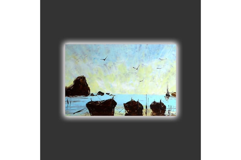Canvastavla med LED-belysning - Båtar vid en stilla havsstrand under en klar himmel - Blå / Brun / Gul - Inredning - Tavlor & konst - Canvastavlor