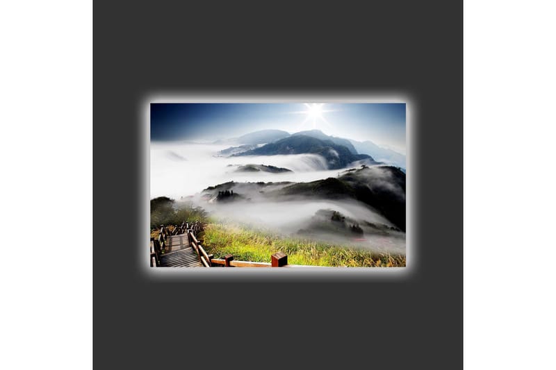 Canvastavla med LED-belysning - Berglandskap med dimma och solens strålar - Grön / Blå / Vit - Inredning - Tavlor & konst - Canvastavlor