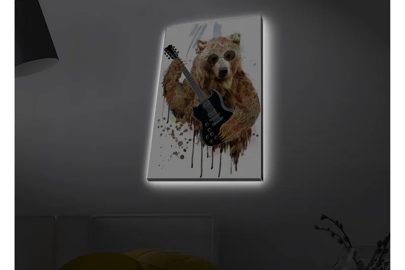 Canvastavla med LED-belysning - Björn som spelar elgitarr med solglasögon, Brun / Svart / Beige