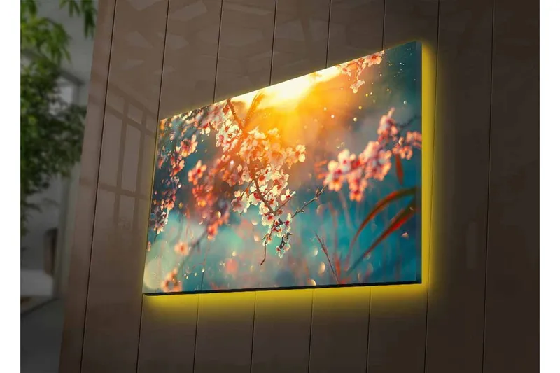 Canvastavla med LED-belysning - Blommande grenar i mjukt ljus - Rosa / Blå / Guld - Inredning - Tavlor & konst - Canvastavlor