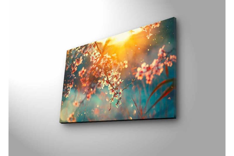 Canvastavla med LED-belysning - Blommande grenar i mjukt ljus - Rosa / Blå / Guld - Inredning - Tavlor & konst - Canvastavlor