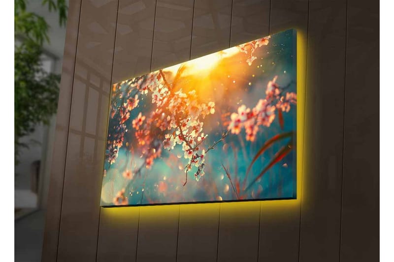 Canvastavla med LED-belysning - Blommande grenar i mjukt ljus - Rosa / Blå / Guld - Inredning - Tavlor & konst - Canvastavlor