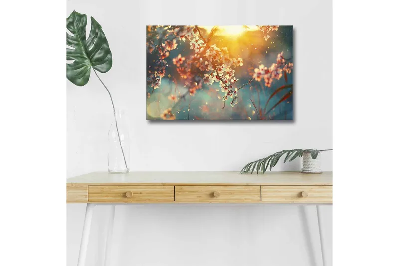 Canvastavla med LED-belysning - Blommande grenar i mjukt ljus, Rosa / Blå / Guld