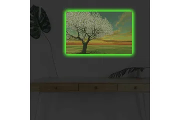Canvastavla med LED-belysning - Blomstrande träd vid solnedgången - Grön / Vit / Orange - Inredning - Tavlor & konst - Canvastavlor