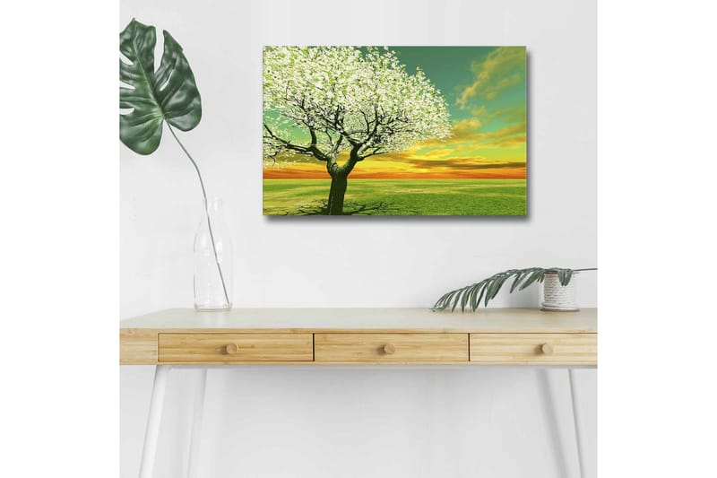 Canvastavla med LED-belysning - Blomstrande träd vid solnedgången - Grön / Vit / Orange - Inredning - Tavlor & konst - Canvastavlor