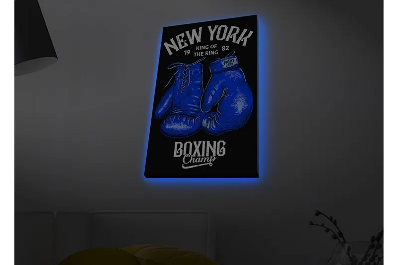 Canvastavla med LED-belysning - Boxhandskar med text och grafiska detaljer, Blå / Svart