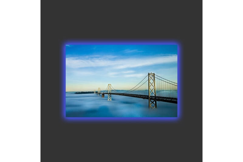 Canvastavla med LED-belysning - Bro över dimmig vattenyta med en klar himmel - Blå / Grå / Vit - Inredning - Tavlor & konst - Canvastavlor