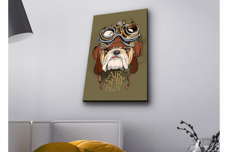 Canvastavla med LED-belysning - Bulldog i pilotutrustning med goggles, Grön / Brun / Vit