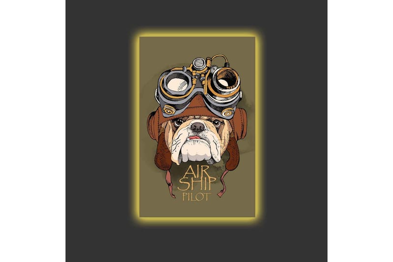 Canvastavla med LED-belysning - Bulldog i pilotutrustning med goggles - Grön / Brun / Vit - Inredning - Tavlor & konst - Canvastavlor