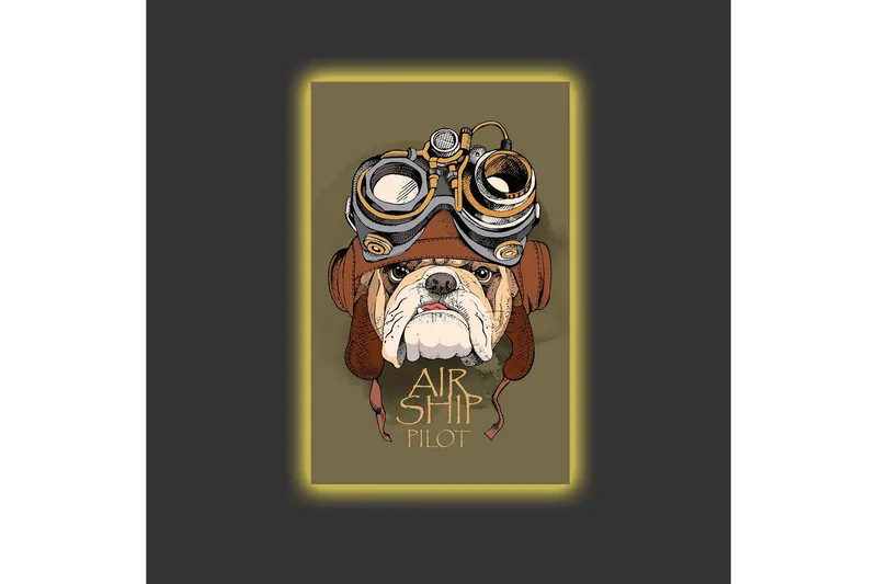 Canvastavla med LED-belysning - Bulldog i pilotutrustning med goggles - Grön / Brun / Vit - Inredning - Tavlor & konst - Canvastavlor