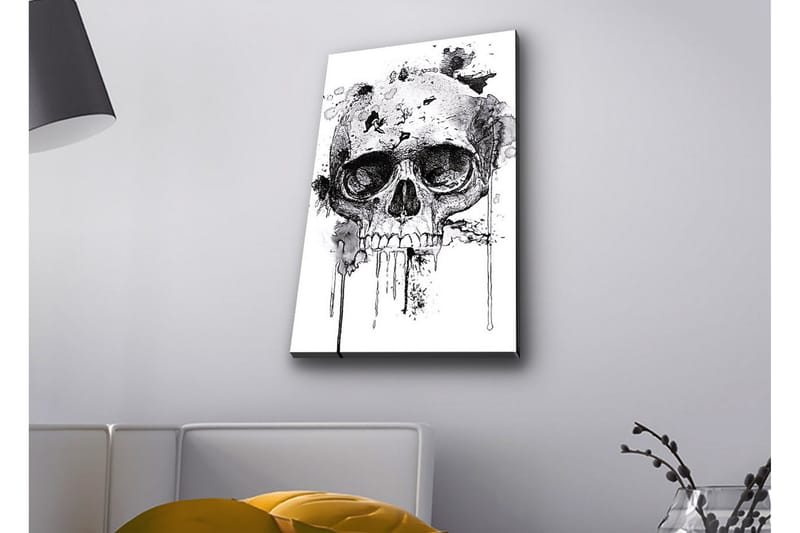 Canvastavla med LED-belysning - Dödskalle med abstrakta bläckdetaljer, Svart / Grå