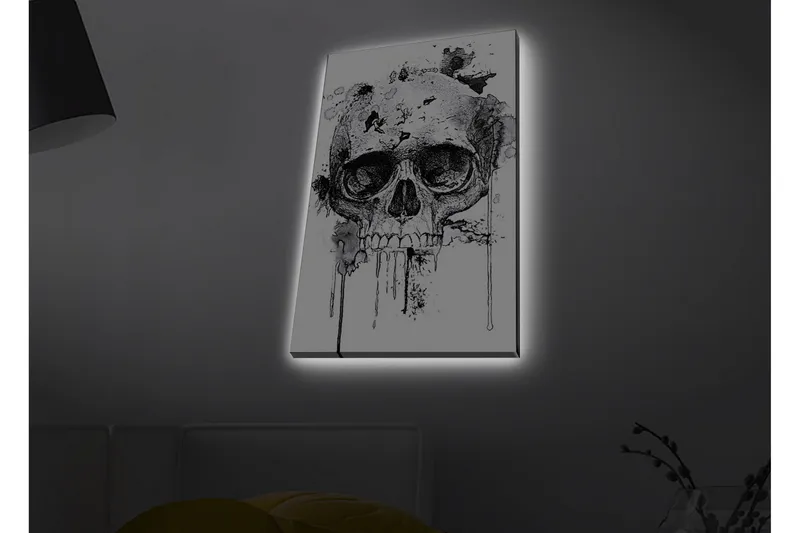 Canvastavla med LED-belysning - Dödskalle med abstrakta bläckdetaljer - Svart / Grå - Inredning - Tavlor & konst - Canvastavlor