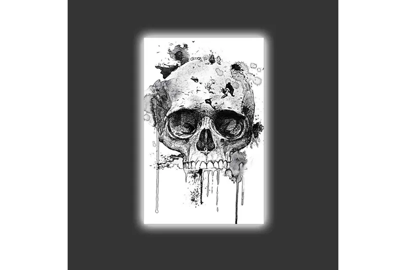 Canvastavla med LED-belysning - Dödskalle med abstrakta bläckdetaljer - Svart / Grå - Inredning - Tavlor & konst - Canvastavlor