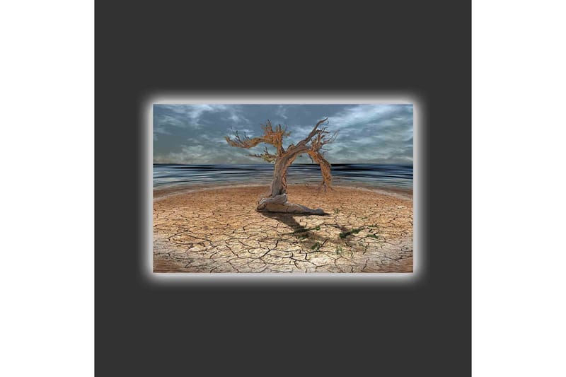 Canvastavla med LED-belysning - Dött träd på en sprucken jordyta vid havet - Brun / Grå / Blå - Inredning - Tavlor & konst - Canvastavlor