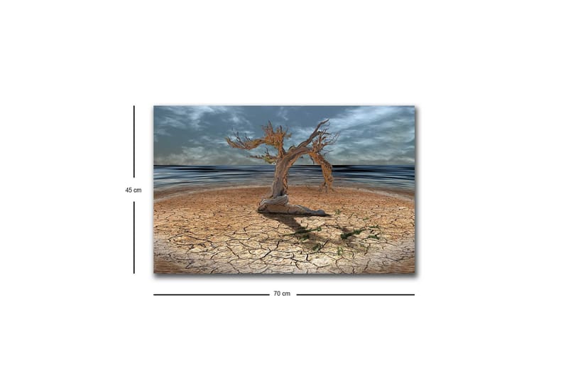 Canvastavla med LED-belysning - Dött träd på en sprucken jordyta vid havet - Brun / Grå / Blå - Inredning - Tavlor & konst - Canvastavlor