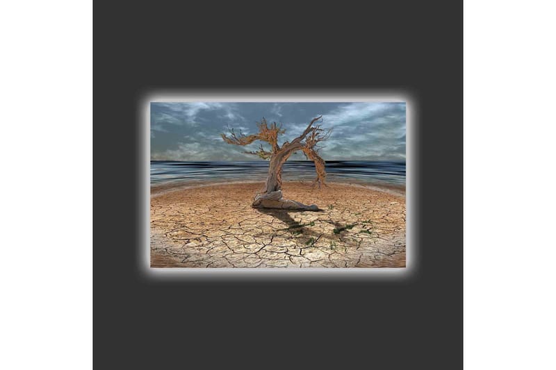 Canvastavla med LED-belysning - Dött träd på en sprucken jordyta vid havet - Brun / Grå / Blå - Inredning - Tavlor & konst - Canvastavlor