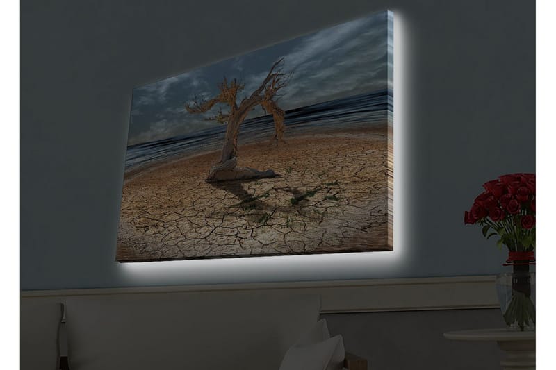 Canvastavla med LED-belysning - Dött träd på en sprucken jordyta vid havet - Brun / Grå / Blå - Inredning - Tavlor & konst - Canvastavlor
