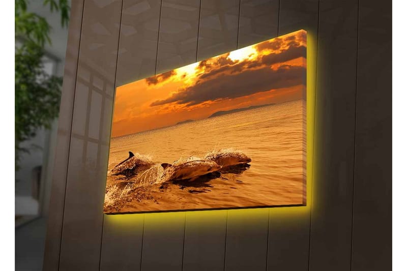 Canvastavla med LED-belysning - Delfiner som hoppar i solnedgångens glödande ljus - Guld / Orange / Brun - Inredning - Tavlor & konst - Canvastavlor