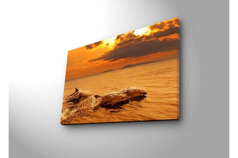 Canvastavla med LED-belysning - Delfiner som hoppar i solnedgångens glödande ljus - Guld / Orange / Brun - Inredning - Tavlor & konst - Canvastavlor