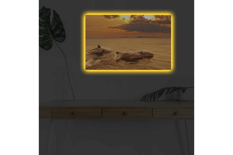 Canvastavla med LED-belysning - Delfiner som hoppar i solnedgångens glödande ljus - Guld / Orange / Brun - Inredning - Tavlor & konst - Canvastavlor