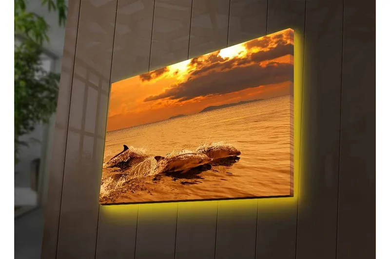 Canvastavla med LED-belysning - Delfiner som hoppar i solnedgångens glödande ljus - Guld / Orange / Brun - Inredning - Tavlor & konst - Canvastavlor