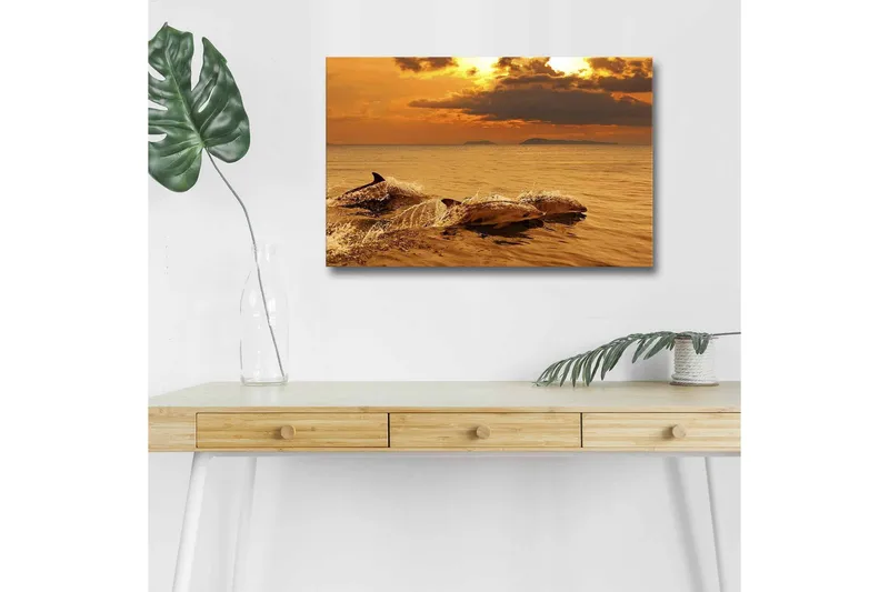 Canvastavla med LED-belysning - Delfiner som hoppar i solnedgångens glödande ljus, Guld / Orange / Brun