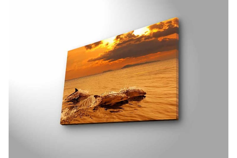 Canvastavla med LED-belysning - Delfiner som hoppar i solnedgångens glödande ljus - Guld / Orange / Brun - Inredning - Tavlor & konst - Canvastavlor
