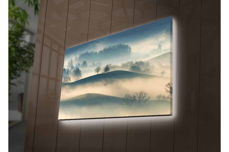 Canvastavla med LED-belysning - Dimma över böljande landskap med ensamma träd - Grå / Blå / Beige - Inredning - Tavlor & konst - Canvastavlor