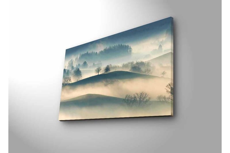 Canvastavla med LED-belysning - Dimma över böljande landskap med ensamma träd - Grå / Blå / Beige - Inredning - Tavlor & konst - Canvastavlor
