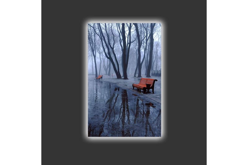 Canvastavla med LED-belysning - Dimma över en park med bänkar och reflektioner i vattenpölar - Mörkblå / Grå / Orange - Inredning - Tavlor & konst - Canvastavlor