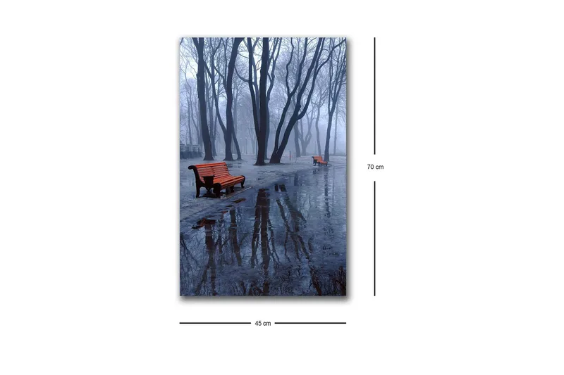 Canvastavla med LED-belysning - Dimma över en park med bänkar och reflektioner i vattenpölar - Mörkblå / Grå / Orange - Inredning - Tavlor & konst - Canvastavlor