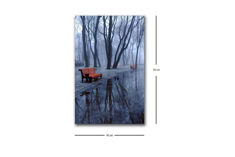 Canvastavla med LED-belysning - Dimma över en park med bänkar och reflektioner i vattenpölar - Mörkblå / Grå / Orange - Inredning - Tavlor & konst - Canvastavlor