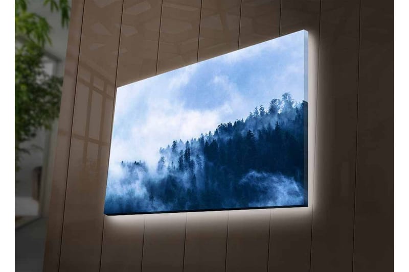 Canvastavla med LED-belysning - Dimma som sveper över en skog av höga träd - Mörkblå / Ljusblå / Grå - Inredning - Tavlor & konst - Canvastavlor