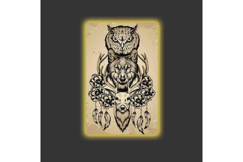 Canvastavla med LED-belysning - Djurkomposition med uggla, varg och rådjur omgiven av blommor och fjädrar - Svart / Beige - Inredning - Tavlor & konst - Canvastavlor