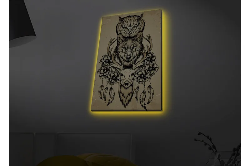 Canvastavla med LED-belysning - Djurkomposition med uggla, varg och rådjur omgiven av blommor och fjädrar - Svart / Beige - Inredning - Tavlor & konst - Canvastavlor