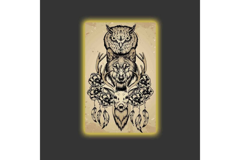 Canvastavla med LED-belysning - Djurkomposition med uggla, varg och rådjur omgiven av blommor och fjädrar - Svart / Beige - Inredning - Tavlor & konst - Canvastavlor