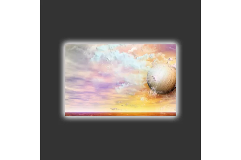 Canvastavla med LED-belysning - Drömlik landskap med en stor planet och färgglada moln - Lila / Orange / Beige - Inredning - Tavlor & konst - Canvastavlor