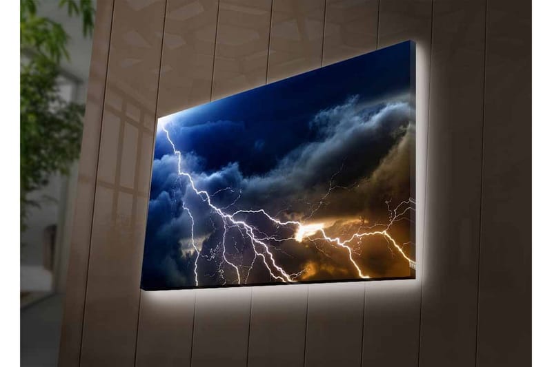 Canvastavla med LED-belysning - Dramatiska åskmoln med blixtar som skär genom himlen - Mörkblå / Grå / Vit - Inredning - Tavlor & konst - Canvastavlor