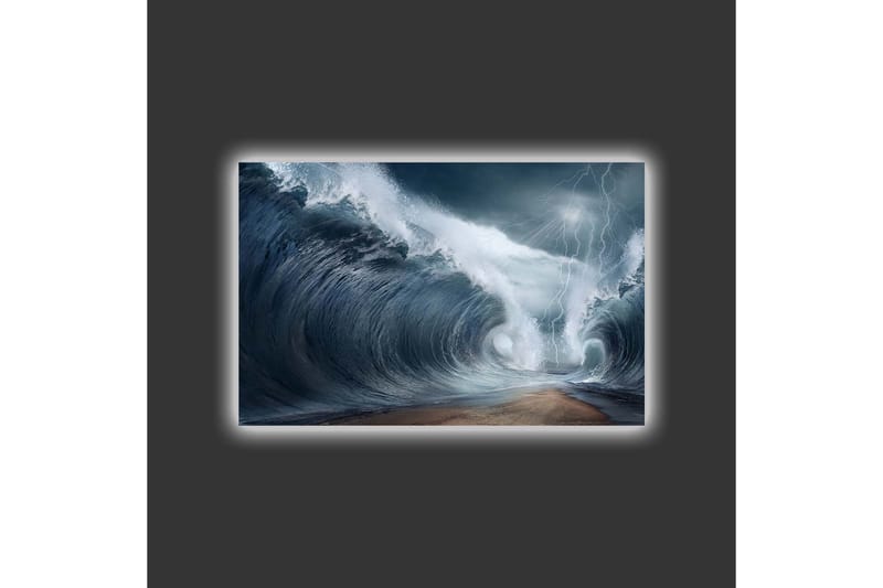 Canvastavla med LED-belysning - Dramatiska vågor i stormigt hav - Mörkblå / Grå / Vit - Inredning - Tavlor & konst - Canvastavlor