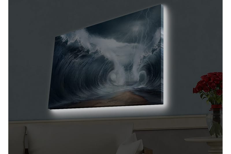 Canvastavla med LED-belysning - Dramatiska vågor i stormigt hav - Mörkblå / Grå / Vit - Inredning - Tavlor & konst - Canvastavlor
