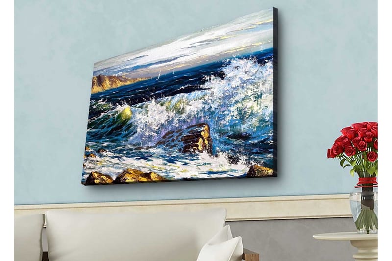 Canvastavla med LED-belysning - Dramatiska vågor som kraschar mot klippor vid havet - Mörkblå / Vit / Grön - Inredning - Tavlor & konst - Canvastavlor